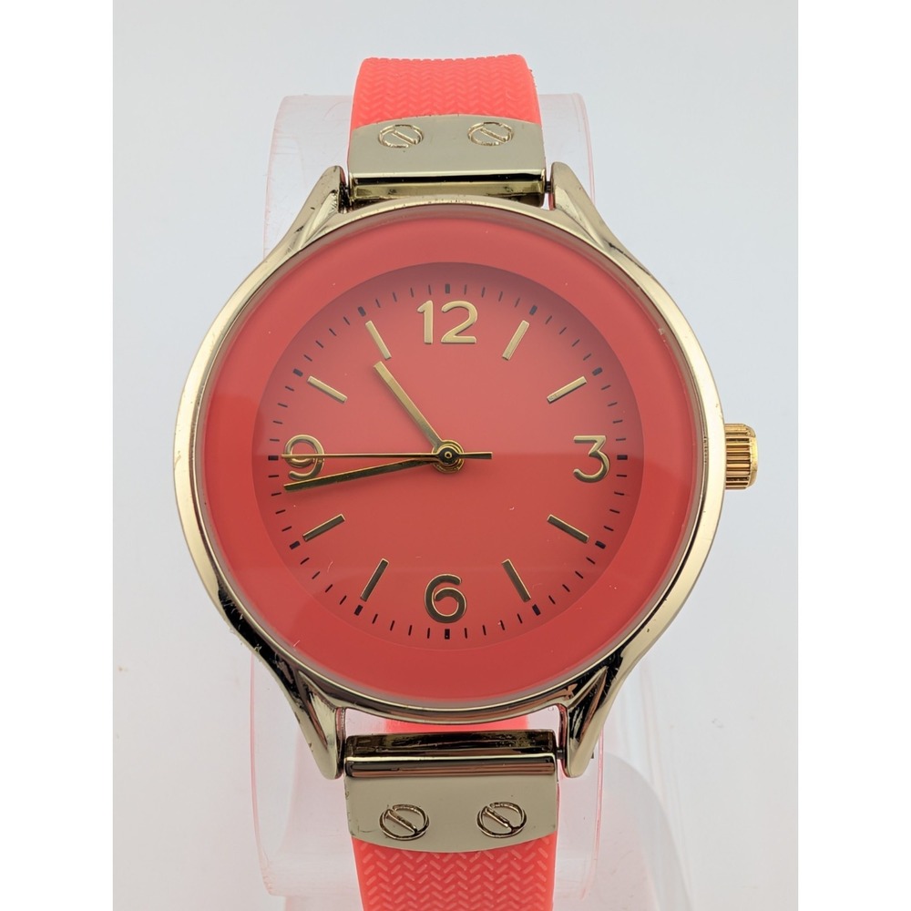 MSPCI Watch Women 36mm Gold Case Coral Silicone Band- New‎ Battery